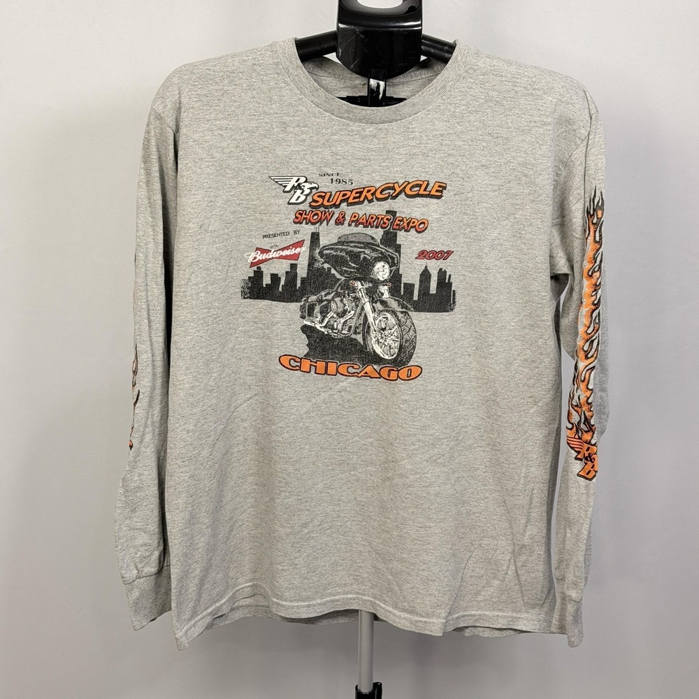 R&B Supercycle‎ Budweiser Shirt Mens Aprox Medium Gray LS Chicago Motorcycle